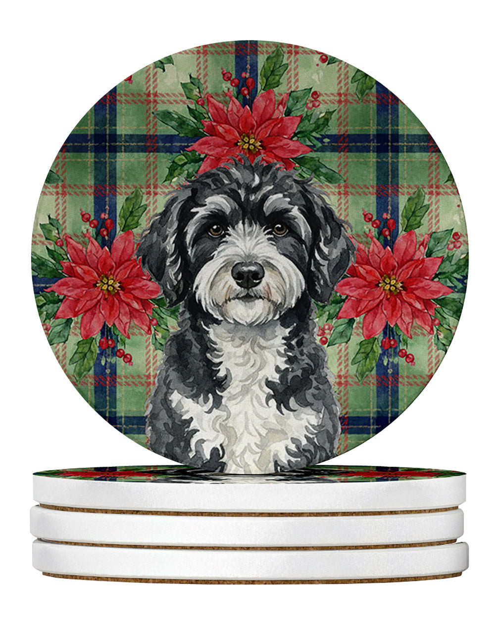 Portuguese Water Dog Christmas PoinsettIas Large Sandstone Coasters Pack of 4 Absorbent Round Coasters Decor Gifts for Men or Women, 4 in, Multicolor