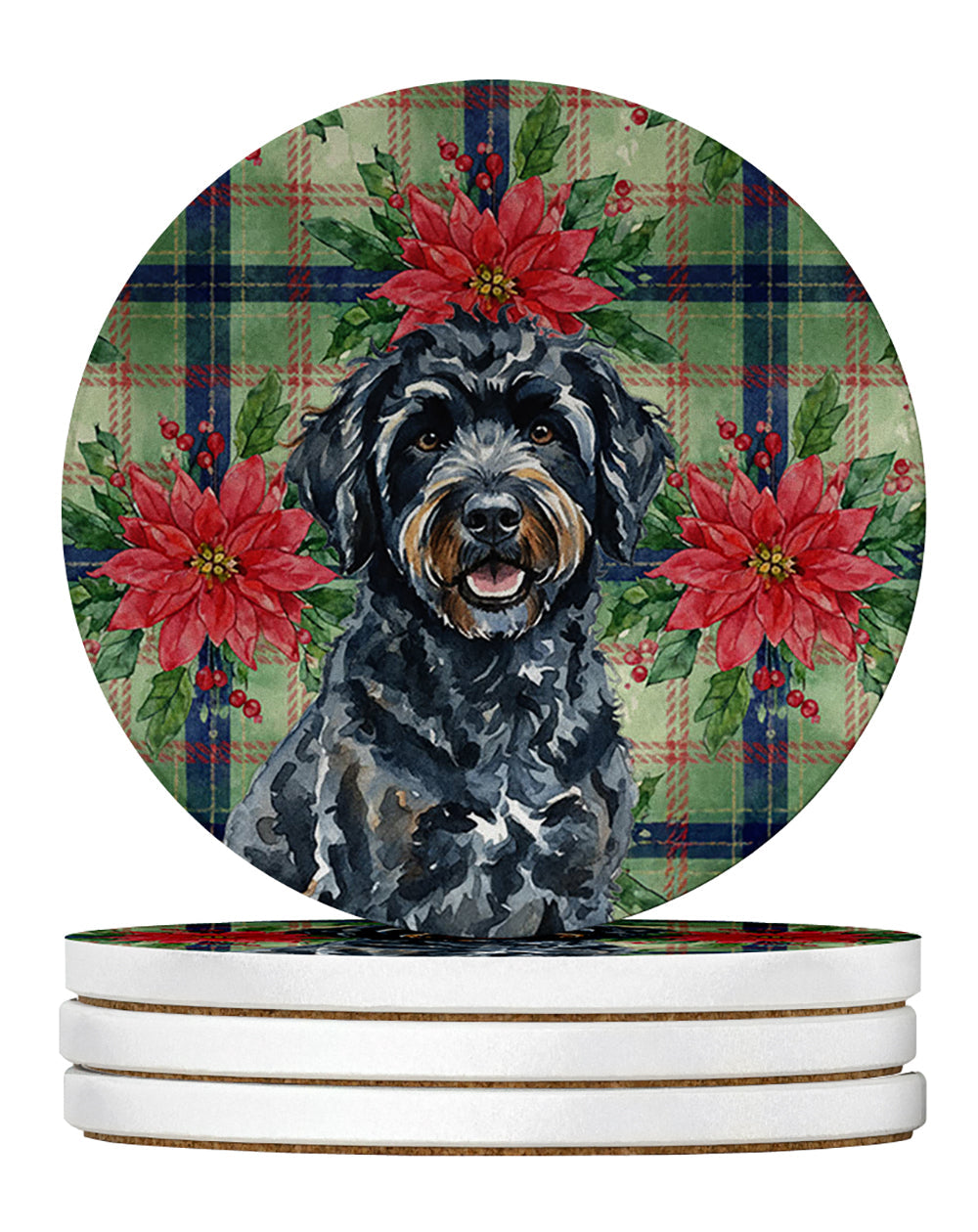 Black Portuguese Water Dog Christmas PoinsettIas Large Sandstone Coasters Pack of 4 Absorbent Round Coasters Decor Gifts for Men or Women, 4 in, Multicolor