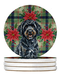 Black Portuguese Water Dog Christmas PoinsettIas Large Sandstone Coasters Pack of 4 Absorbent Round Coasters Decor Gifts for Men or Women, 4 in, Multicolor