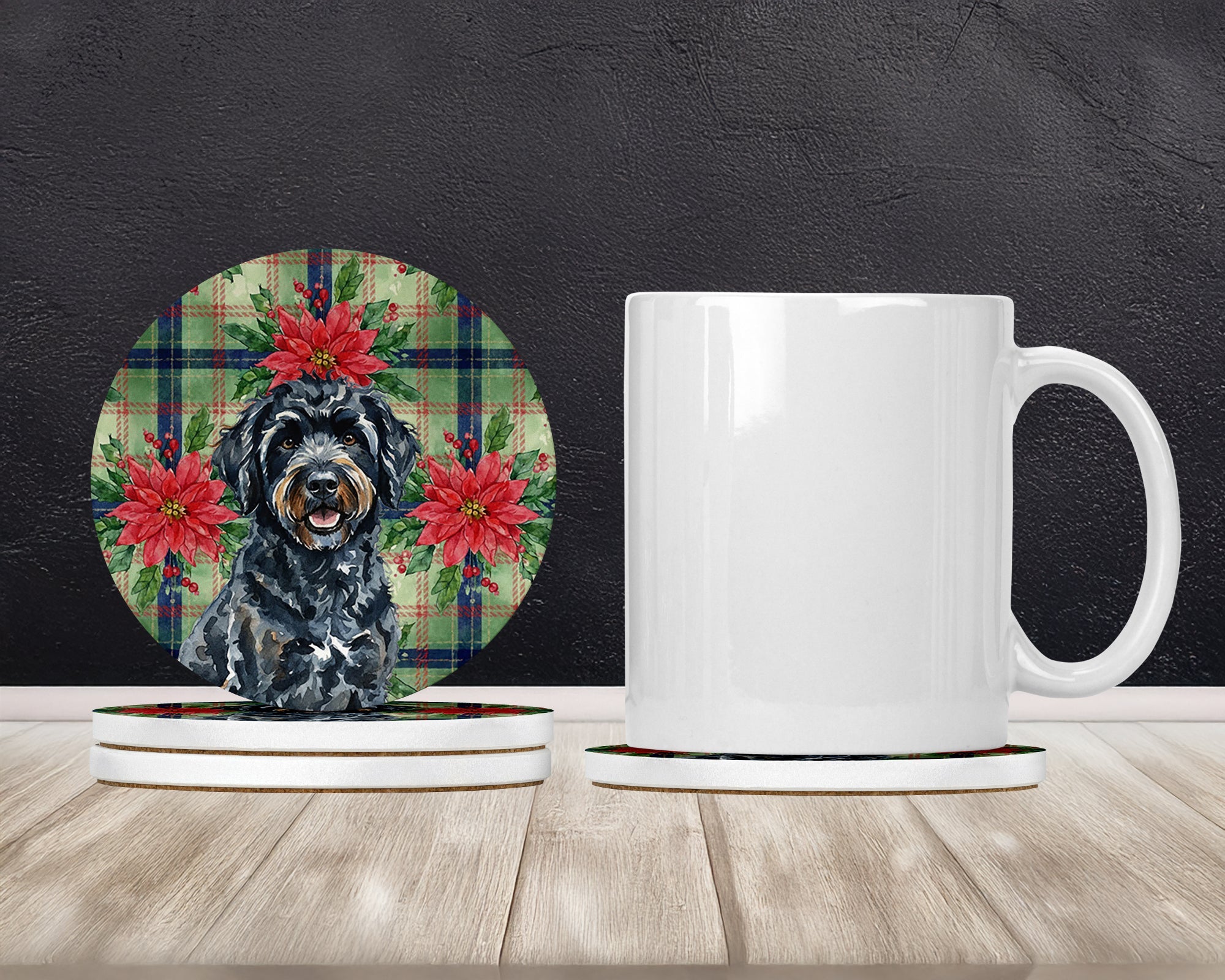 Black Portuguese Water Dog Christmas PoinsettIas Large Sandstone Coasters Pack of 4 Absorbent Round Coasters Decor Gifts for Men or Women, 4 in, Multicolor