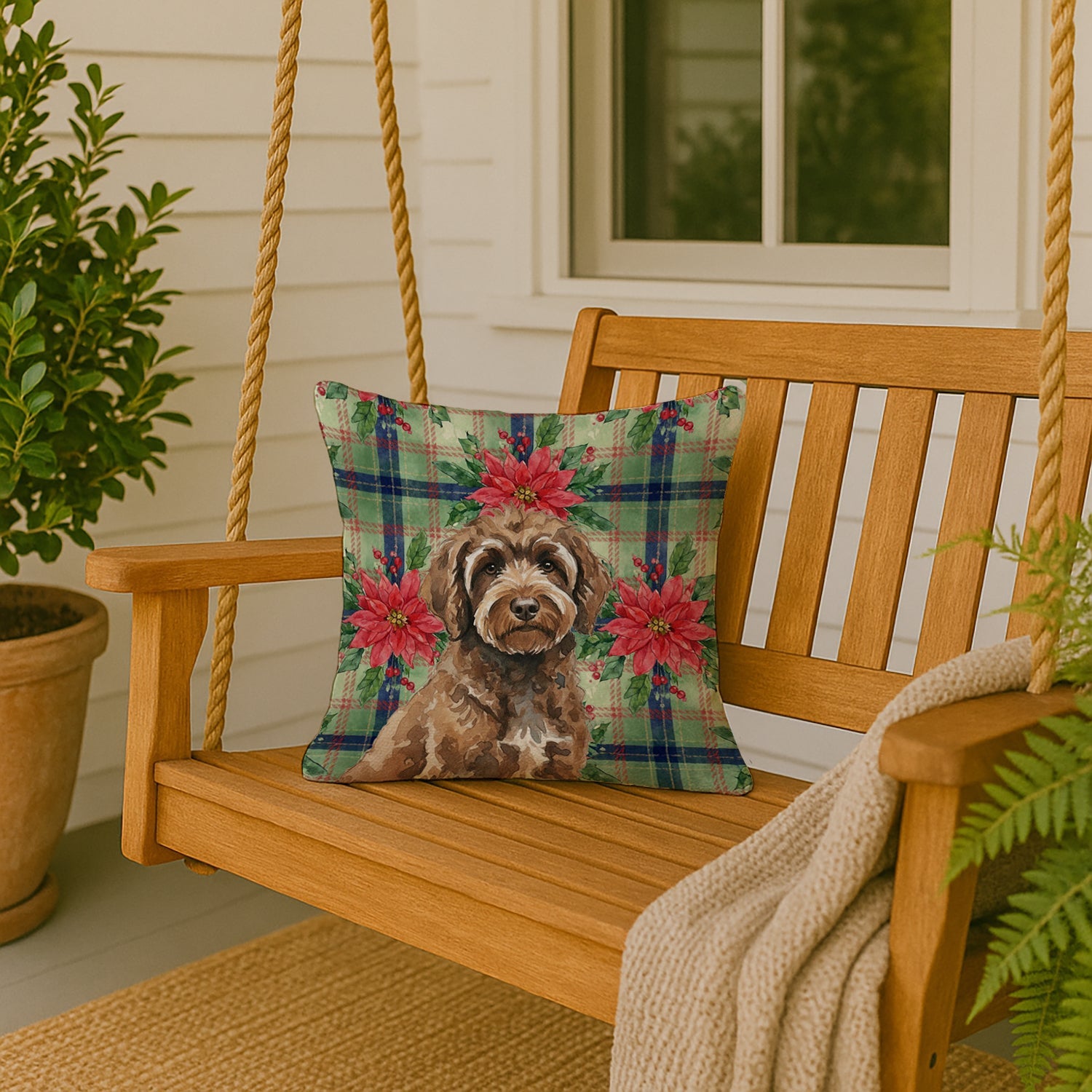 Brown Portuguese Water Dog Christmas PoinsettIas Decorative Throw Pillow 18x18 Indoor Outdoor Accent Cushion, Fabric Cover with Insert for Sofa, Bed, Porch & Living Room