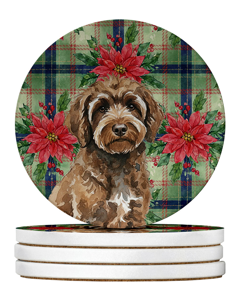 Brown Portuguese Water Dog Christmas PoinsettIas Large Sandstone Coasters Pack of 4 Absorbent Round Coasters Decor Gifts for Men or Women, 4 in, Multicolor