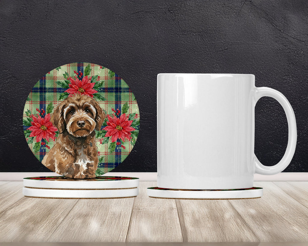 Brown Portuguese Water Dog Christmas PoinsettIas Large Sandstone Coasters Pack of 4 Absorbent Round Coasters Decor Gifts for Men or Women, 4 in, Multicolor