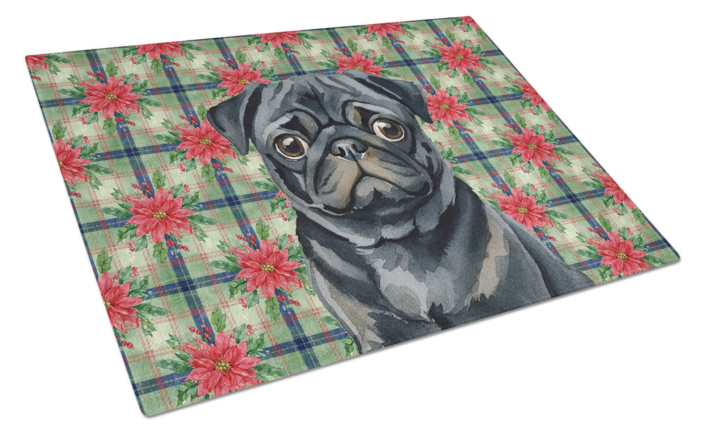 Black Pug Christmas PoinsettIas Cutting Board Tempered Glass Kitchen Cutting Surface, Heat Resistant Chopping, Non-Slip Feet, Food Prep & Serving