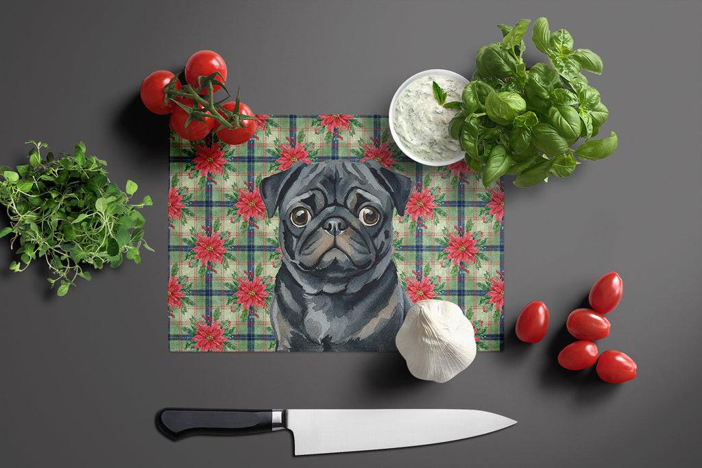 Black Pug Christmas PoinsettIas Cutting Board Tempered Glass Kitchen Cutting Surface, Heat Resistant Chopping, Non-Slip Feet, Food Prep & Serving