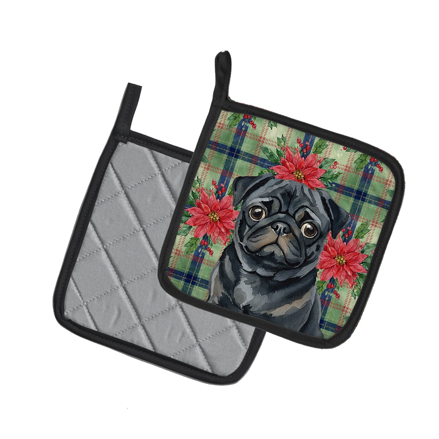 Black Pug Christmas PoinsettIas Pot Holder Set of 2 Heat Resistant Quilted Hot Pads 7.5 x 7.5 Inch, Insulated Kitchen Trivets for Cooking & Baking