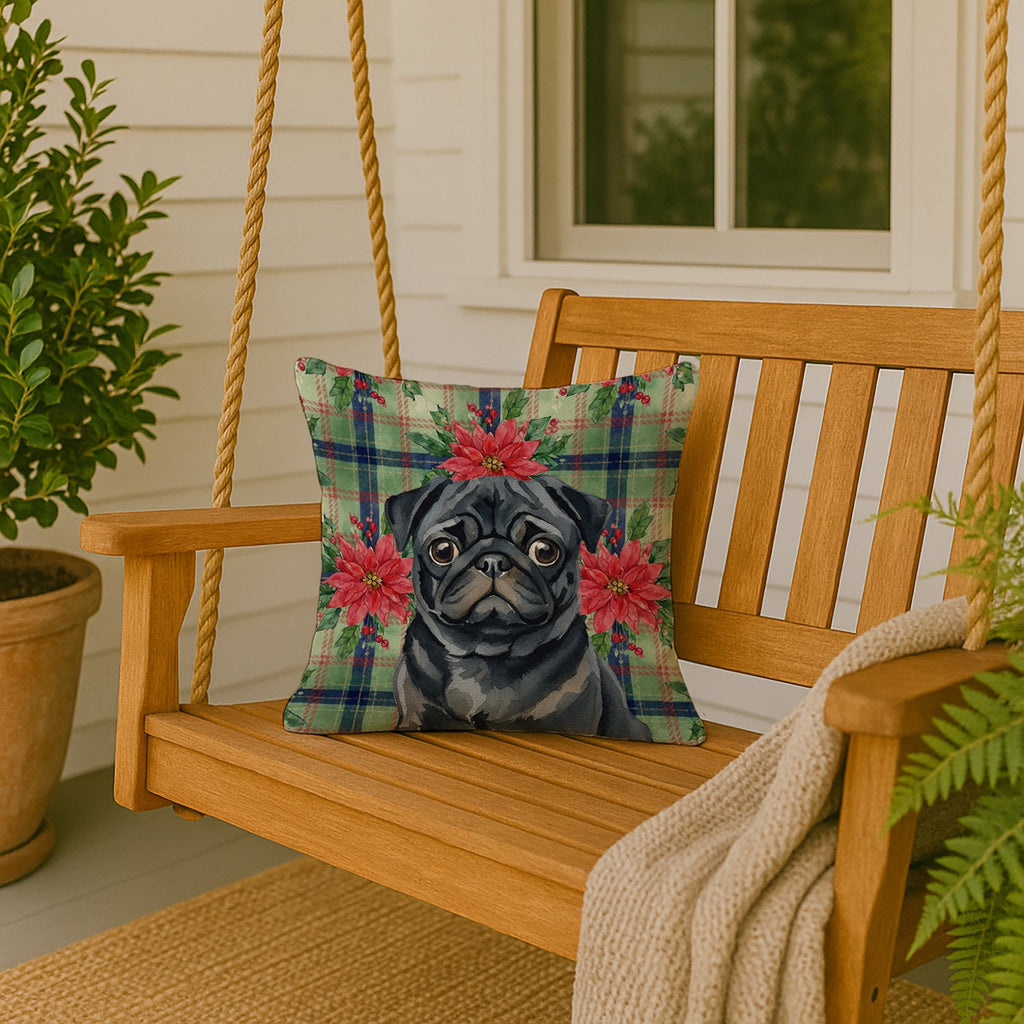 Black Pug Christmas PoinsettIas Decorative Throw Pillow 18x18 Indoor Outdoor Accent Cushion, Fabric Cover with Insert for Sofa, Bed, Porch & Living Room