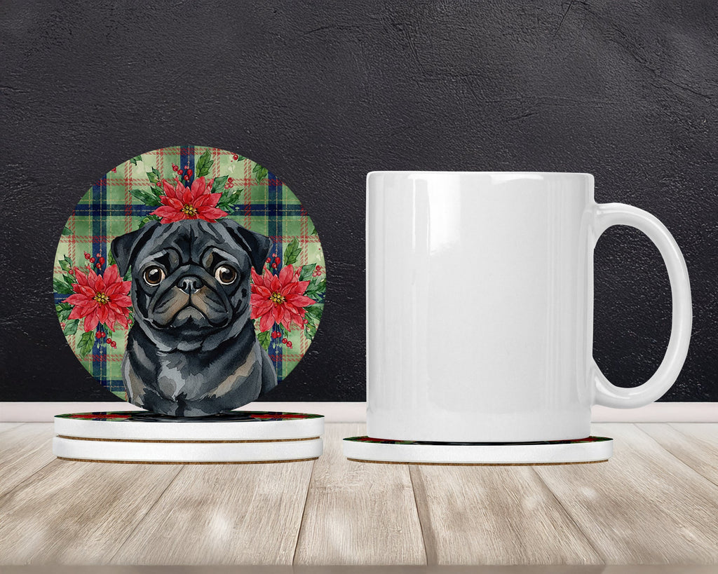 Black Pug Christmas PoinsettIas Large Sandstone Coasters Pack of 4 Absorbent Round Coasters Decor Gifts for Men or Women, 4 in, Multicolor