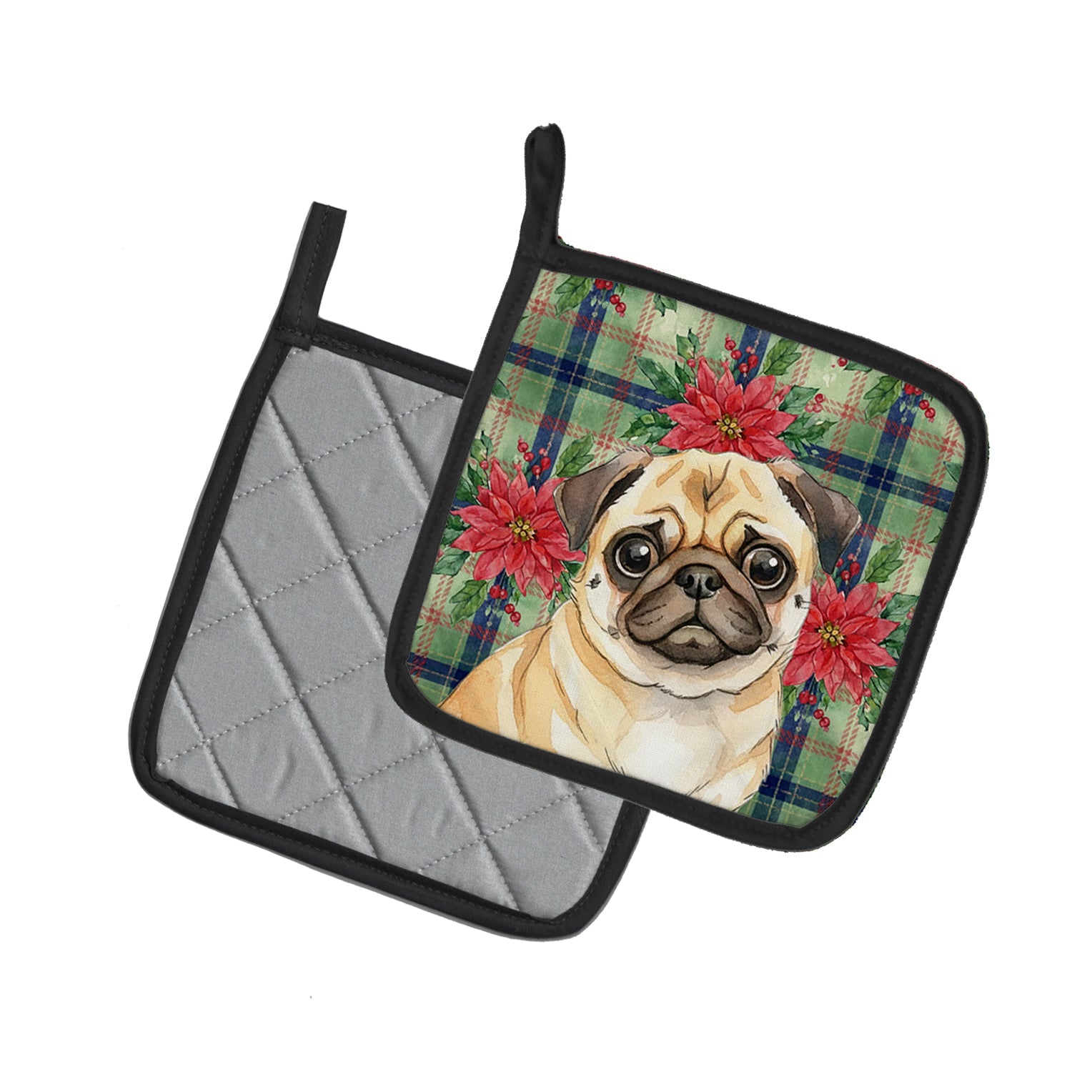 Fawn Pug Christmas PoinsettIas Pot Holder Set of 2 Heat Resistant Quilted Hot Pads 7.5 x 7.5 Inch, Insulated Kitchen Trivets for Cooking & Baking