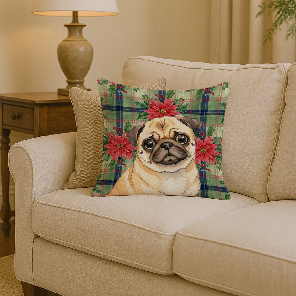 Fawn Pug Christmas PoinsettIas Decorative Throw Pillow 14x14 Indoor Outdoor Accent Cushion, Fabric Cover with Insert for Sofa, Bed, Porch & Living Room
