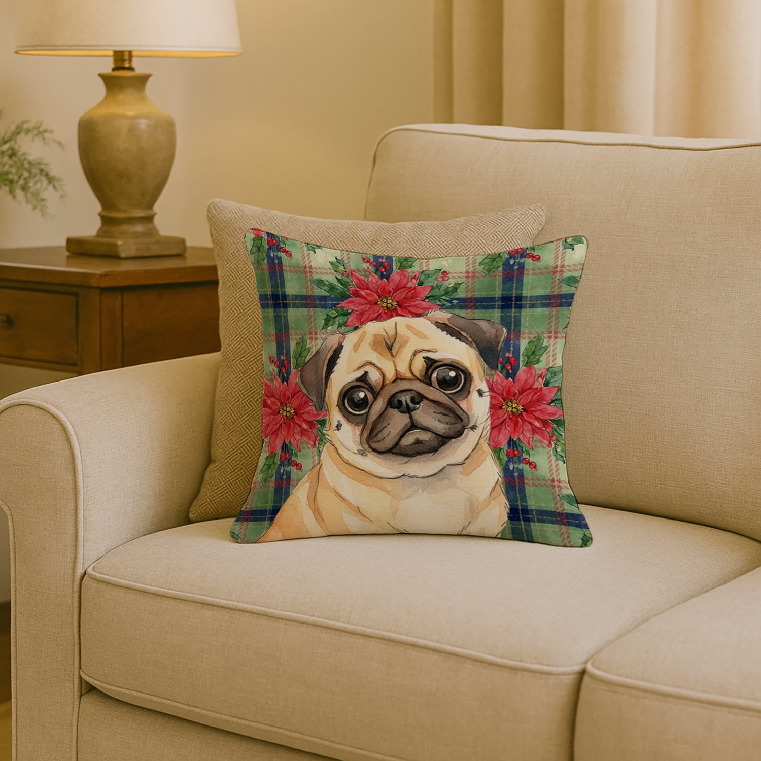 Fawn Pug Christmas PoinsettIas Decorative Throw Pillow 18x18 Indoor Outdoor Accent Cushion, Fabric Cover with Insert for Sofa, Bed, Porch & Living Room