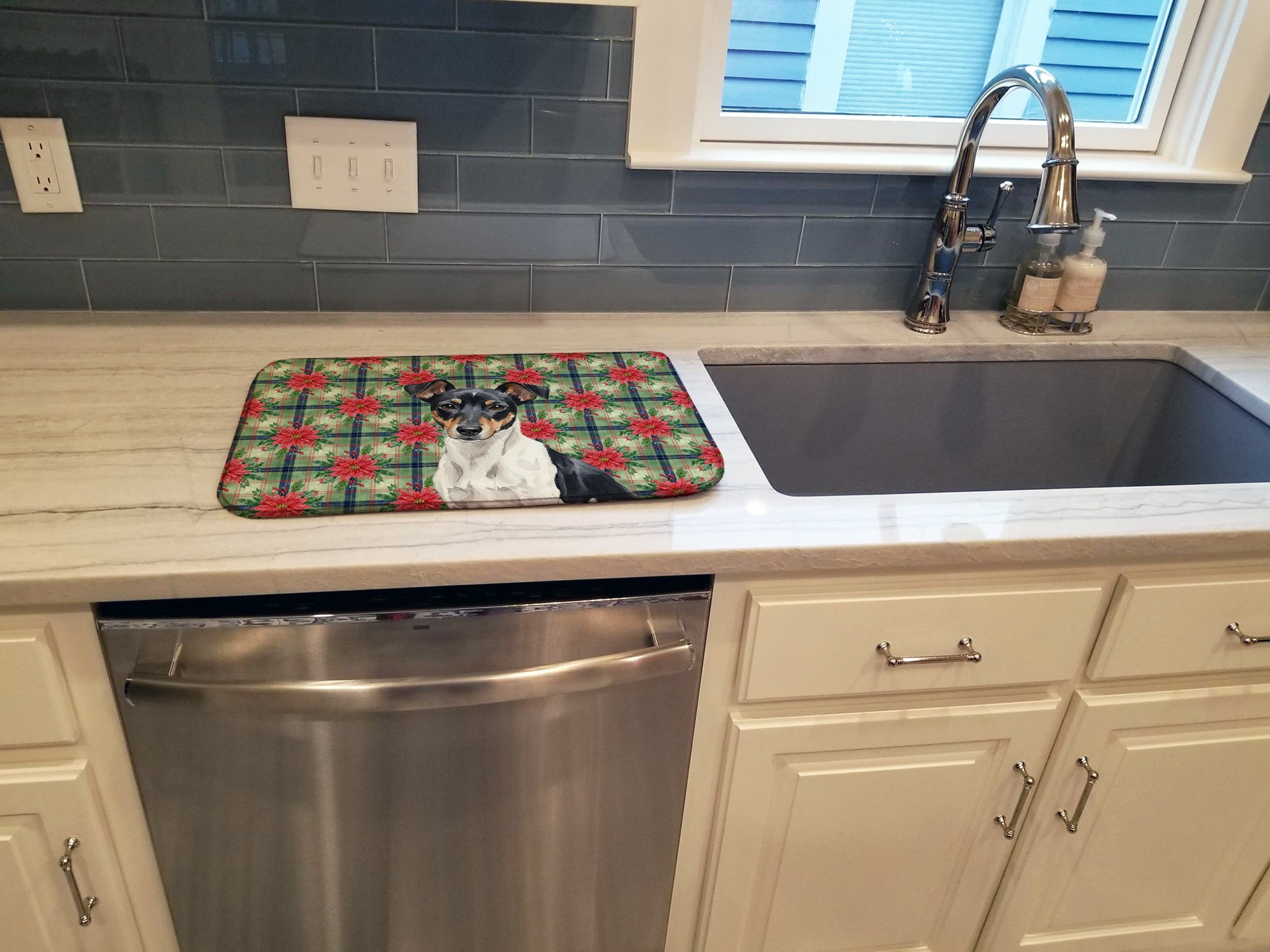 Black and White Rat Terrier Christmas PoinsettIas Dish Drying Mat Absorbent Dish Drying Mat Pad for Kitchen Counter Dish Drainer Mat for Countertop, 14 x 21", Multicolor
