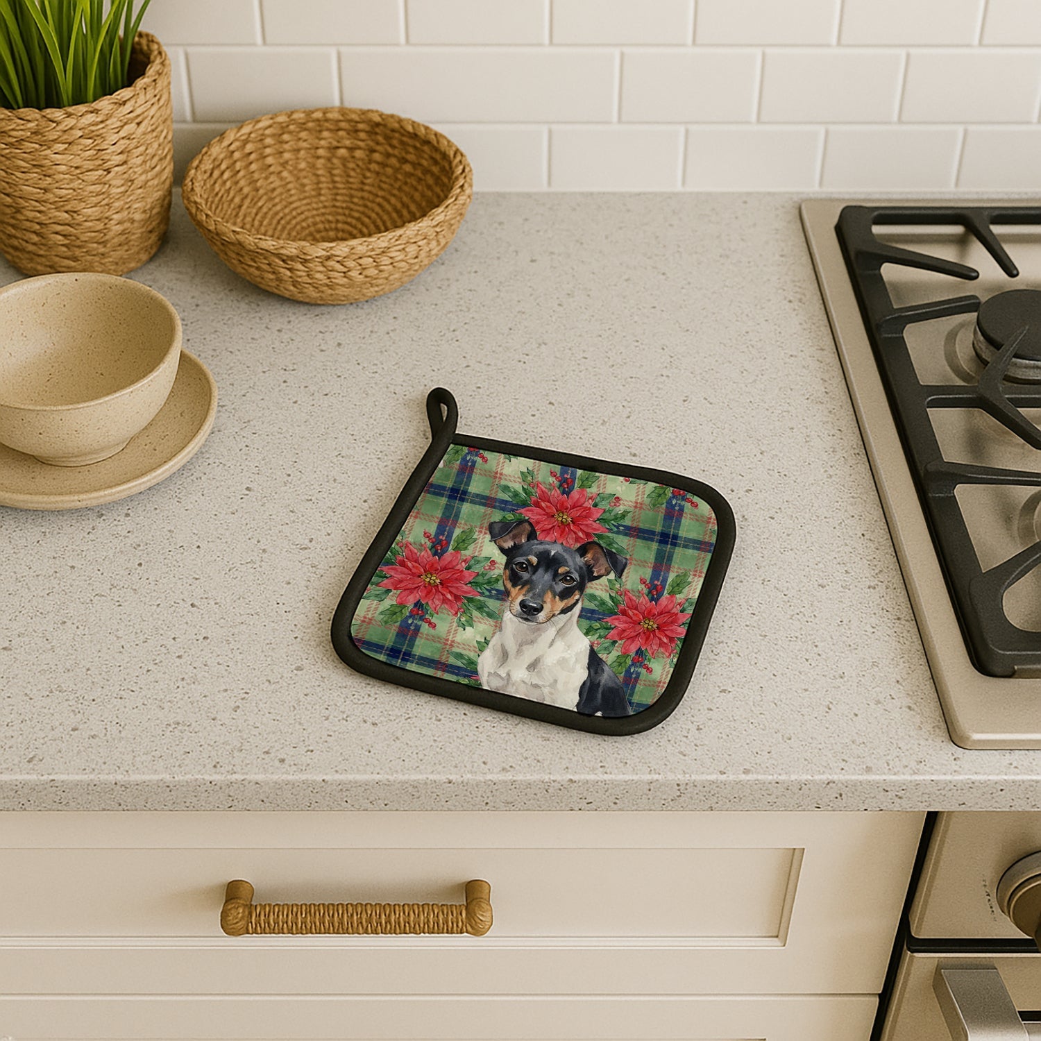 Black and White Rat Terrier Christmas PoinsettIas Pot Holder Set of 2 Heat Resistant Quilted Hot Pads 7.5 x 7.5 Inch, Insulated Kitchen Trivets for Cooking & Baking