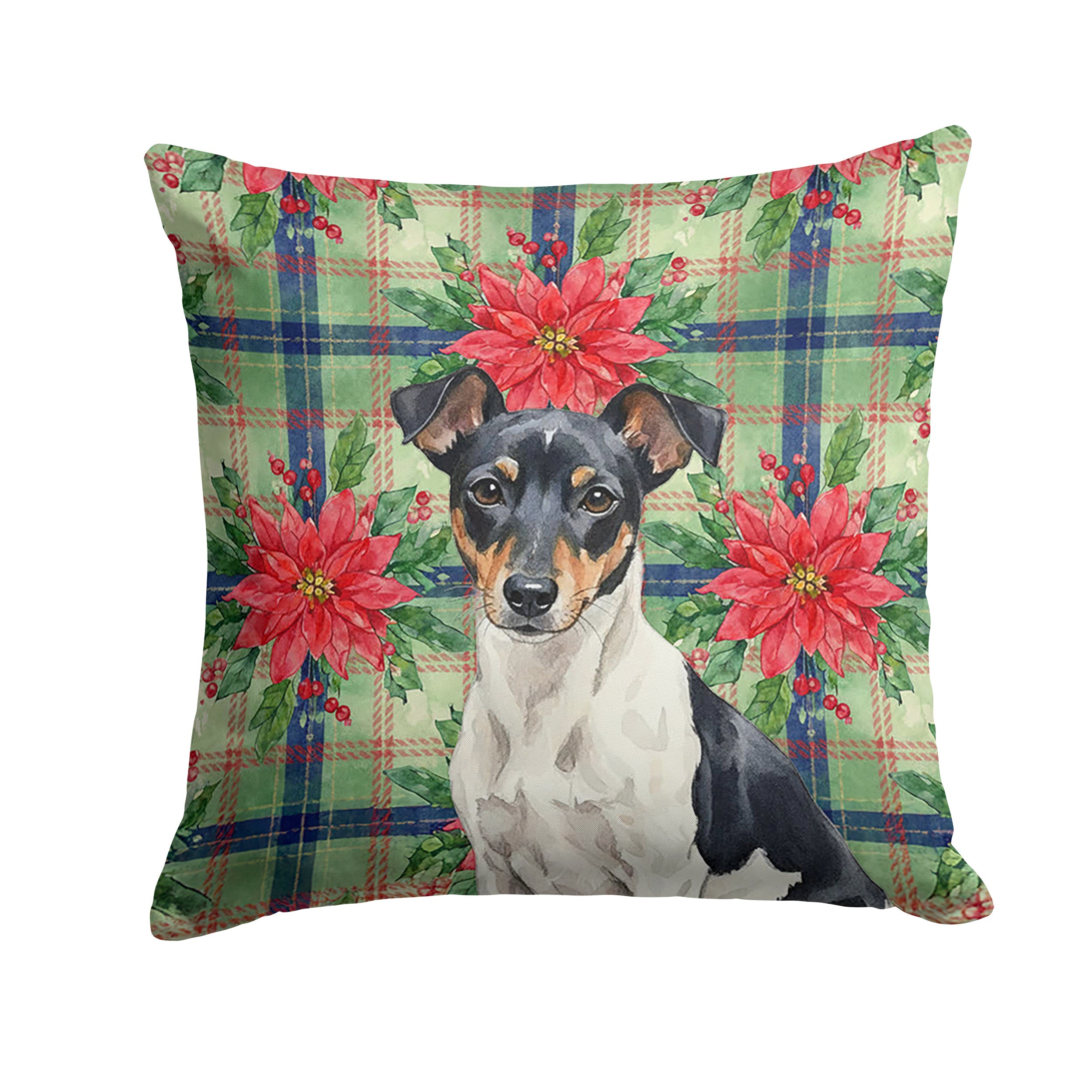 Black and White Rat Terrier Christmas PoinsettIas Decorative Throw Pillow 18x18 Indoor Outdoor Accent Cushion, Fabric Cover with Insert for Sofa, Bed, Porch & Living Room