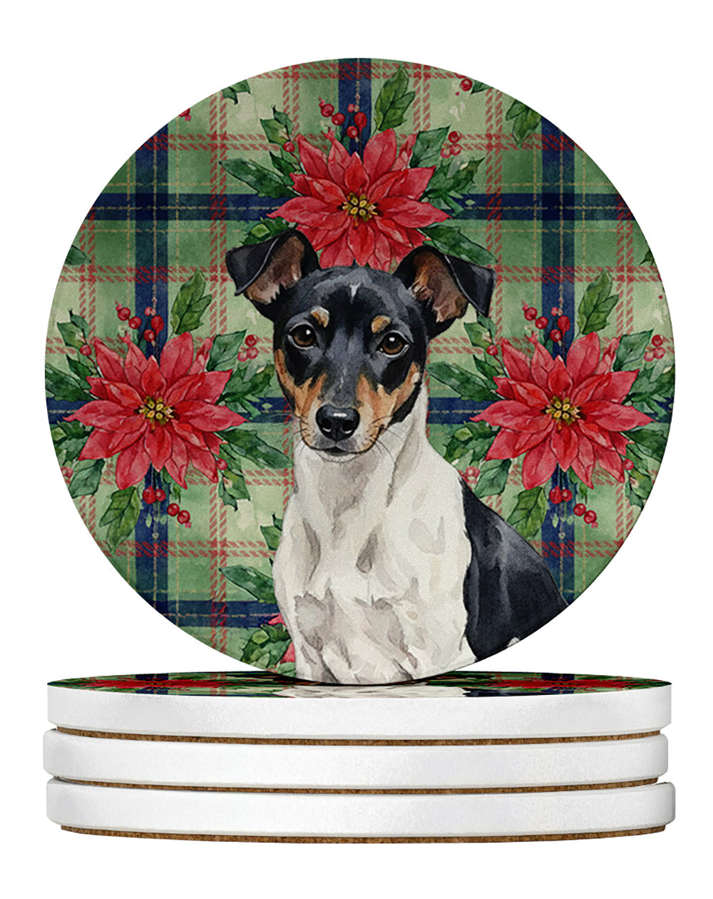 Black and White Rat Terrier Christmas PoinsettIas Large Sandstone Coasters Pack of 4 Absorbent Round Coasters Decor Gifts for Men or Women, 4 in, Multicolor