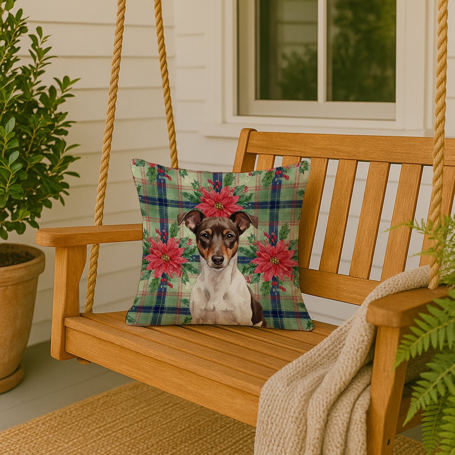 Chocolate and White Rat Terrier Christmas PoinsettIas Decorative Throw Pillow 18x18 Indoor Outdoor Accent Cushion, Fabric Cover with Insert for Sofa, Bed, Porch & Living Room