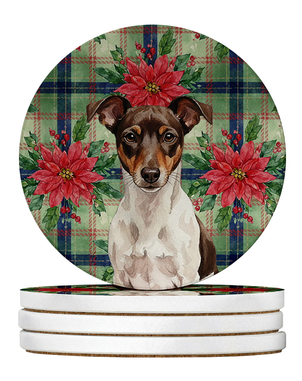 Chocolate and White Rat Terrier Christmas PoinsettIas Large Sandstone Coasters Pack of 4 Absorbent Round Coasters Decor Gifts for Men or Women, 4 in, Multicolor