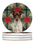 Chocolate and White Rat Terrier Christmas PoinsettIas Large Sandstone Coasters Pack of 4 Absorbent Round Coasters Decor Gifts for Men or Women, 4 in, Multicolor