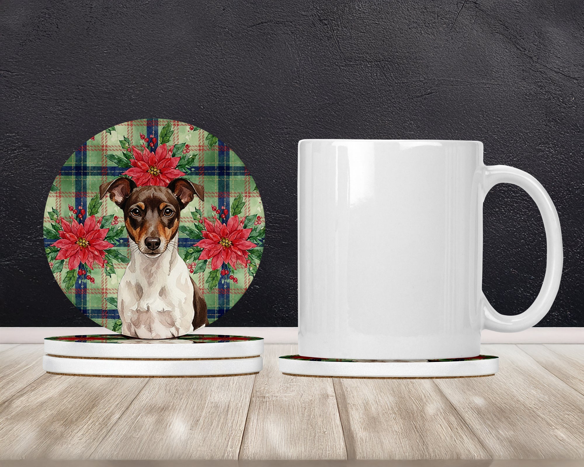 Chocolate and White Rat Terrier Christmas PoinsettIas Large Sandstone Coasters Pack of 4 Absorbent Round Coasters Decor Gifts for Men or Women, 4 in, Multicolor