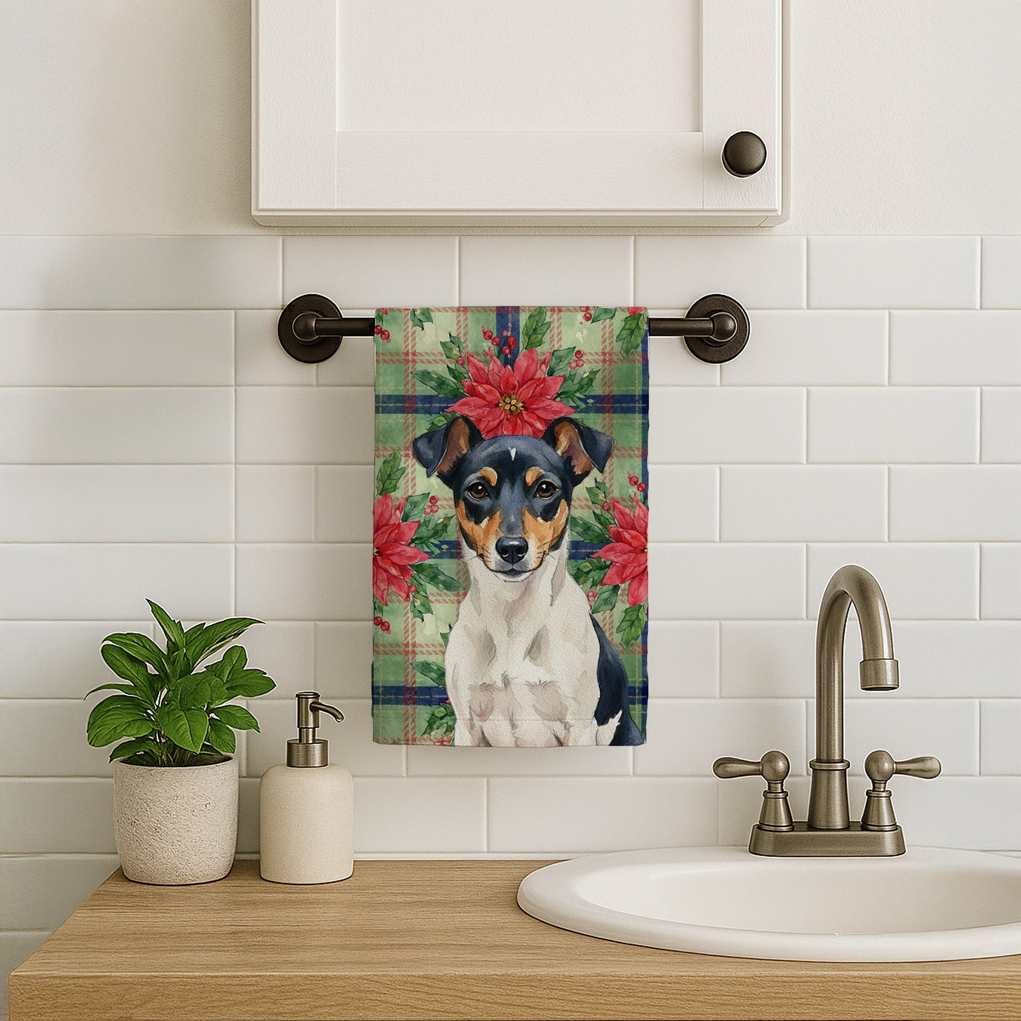 Tricolor Rat Terrier Christmas PoinsettIas Kitchen Towel Velour Plush Front and Cotton Loop Back Machine Washable