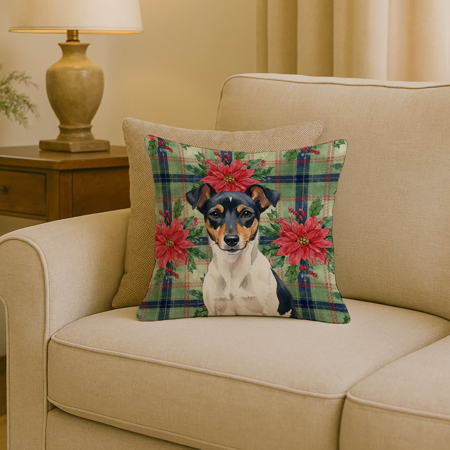Tricolor Rat Terrier Christmas PoinsettIas Decorative Throw Pillow 18x18 Indoor Outdoor Accent Cushion, Fabric Cover with Insert for Sofa, Bed, Porch & Living Room