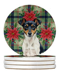 Tricolor Rat Terrier Christmas PoinsettIas Large Sandstone Coasters Pack of 4 Absorbent Round Coasters Decor Gifts for Men or Women, 4 in, Multicolor