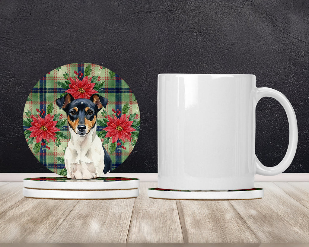Tricolor Rat Terrier Christmas PoinsettIas Large Sandstone Coasters Pack of 4 Absorbent Round Coasters Decor Gifts for Men or Women, 4 in, Multicolor