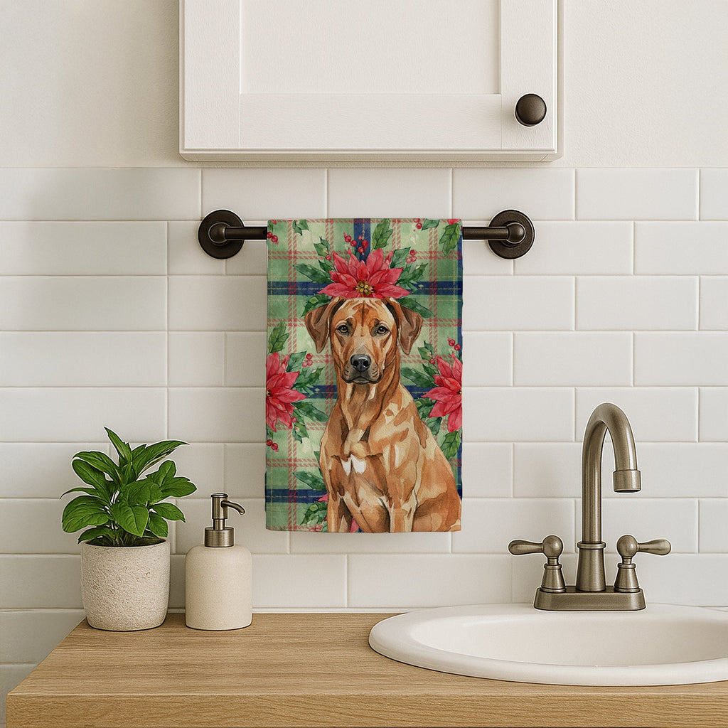 Rhodesian Ridgeback Christmas PoinsettIas Kitchen Towel Velour Plush Front and Cotton Loop Back Machine Washable
