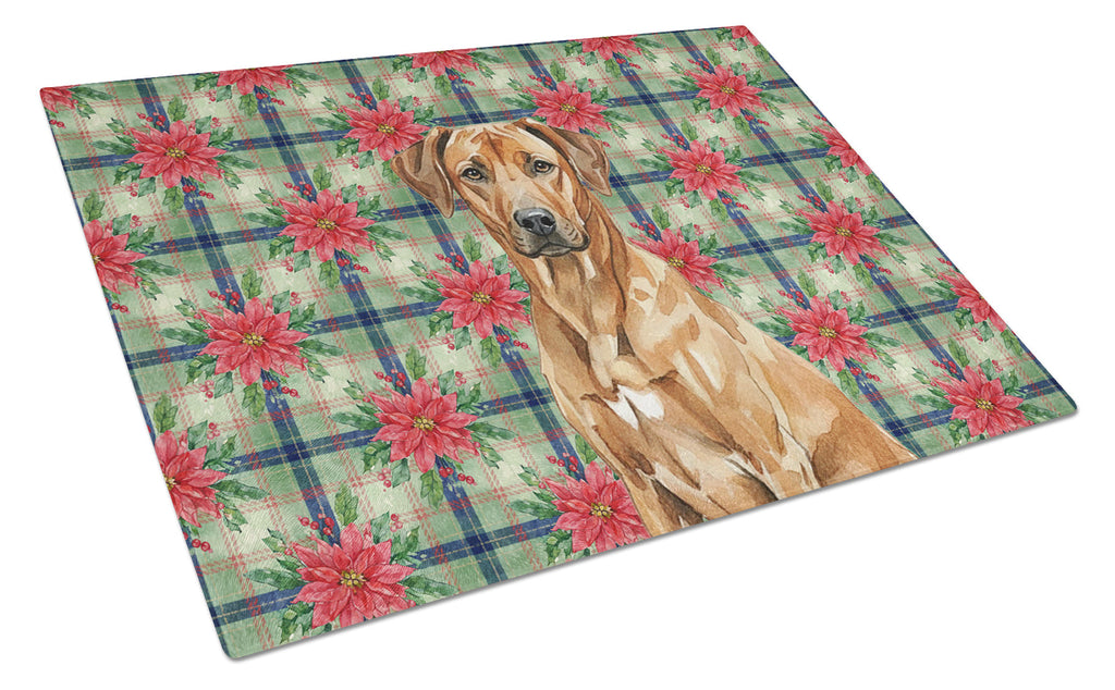 Rhodesian Ridgeback Christmas PoinsettIas Cutting Board Tempered Glass Kitchen Cutting Surface, Heat Resistant Chopping, Non-Slip Feet, Food Prep & Serving