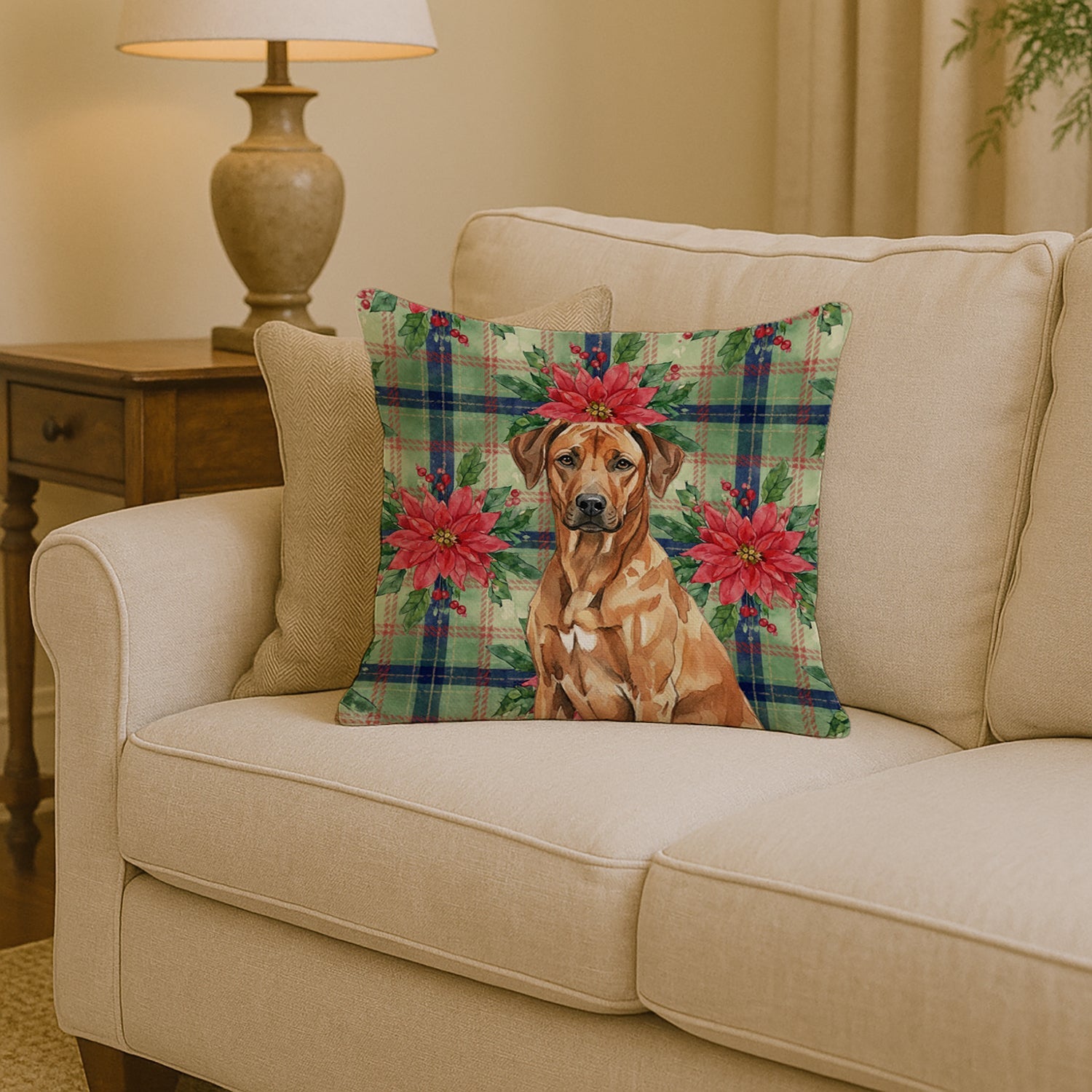 Rhodesian Ridgeback Christmas PoinsettIas Decorative Throw Pillow 14x14 Indoor Outdoor Accent Cushion, Fabric Cover with Insert for Sofa, Bed, Porch & Living Room