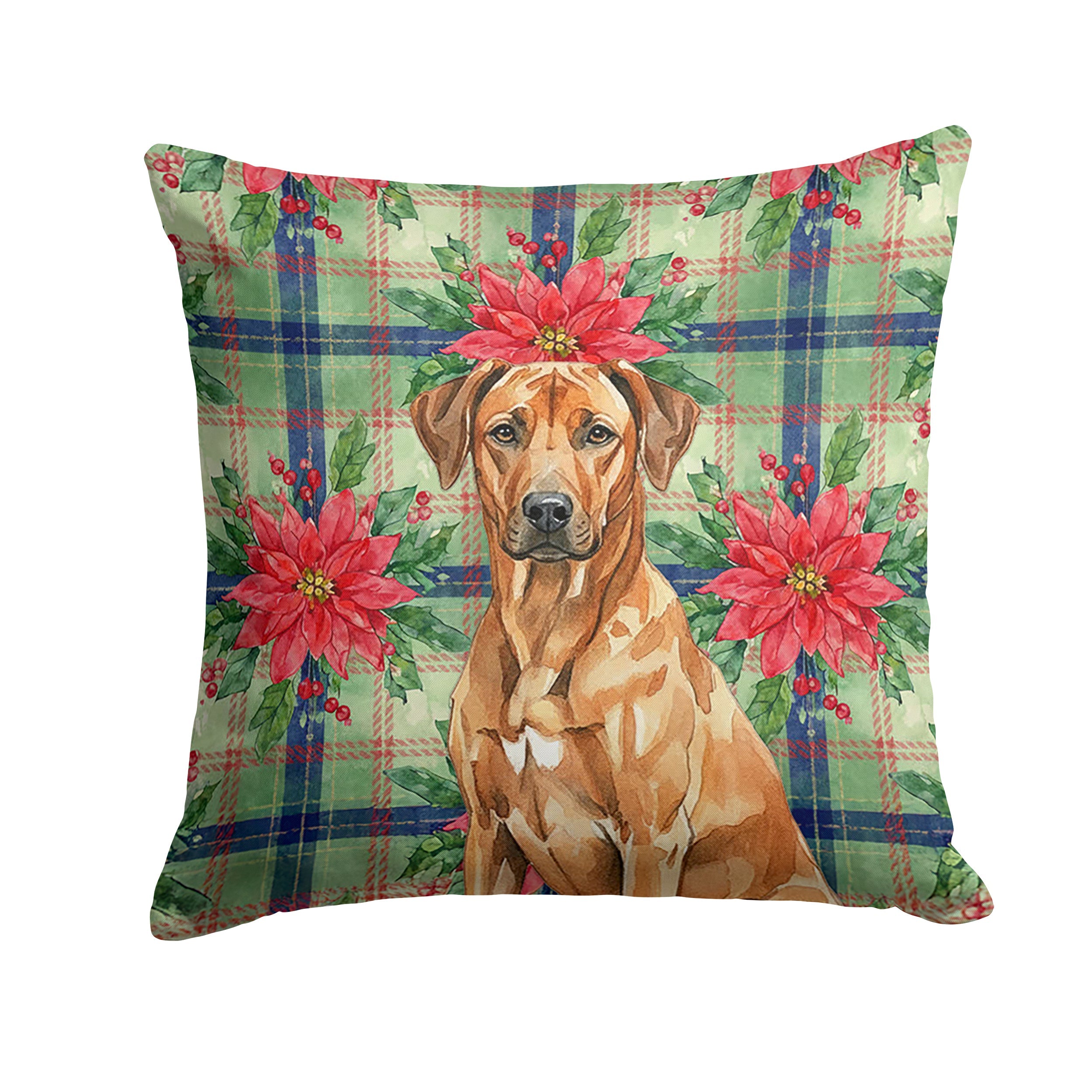 Rhodesian Ridgeback Christmas PoinsettIas Decorative Throw Pillow 18x18 Indoor Outdoor Accent Cushion, Fabric Cover with Insert for Sofa, Bed, Porch & Living Room