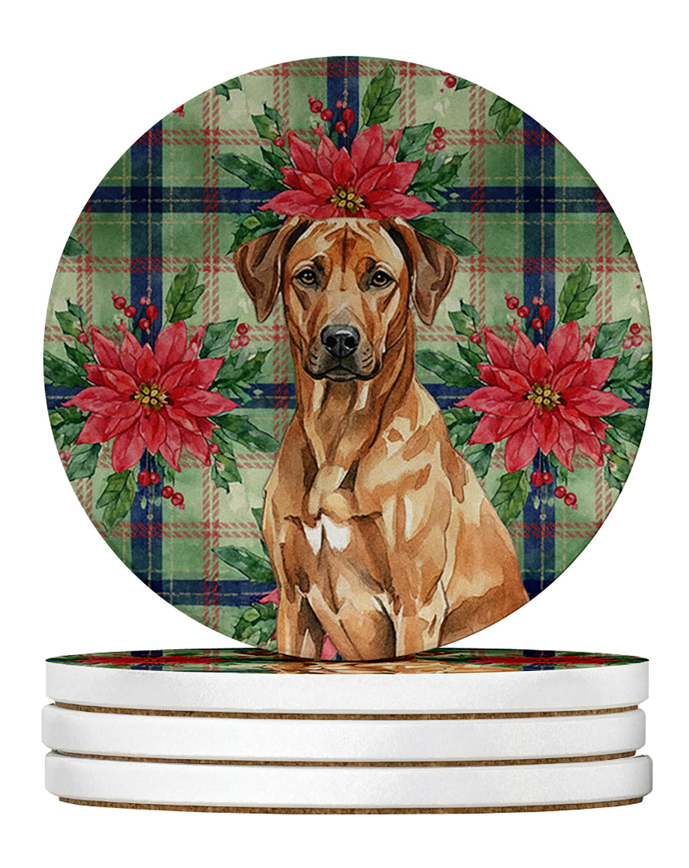 Rhodesian Ridgeback Christmas PoinsettIas Large Sandstone Coasters Pack of 4 Absorbent Round Coasters Decor Gifts for Men or Women, 4 in, Multicolor