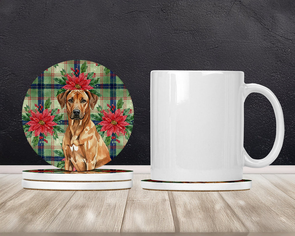 Rhodesian Ridgeback Christmas PoinsettIas Large Sandstone Coasters Pack of 4 Absorbent Round Coasters Decor Gifts for Men or Women, 4 in, Multicolor