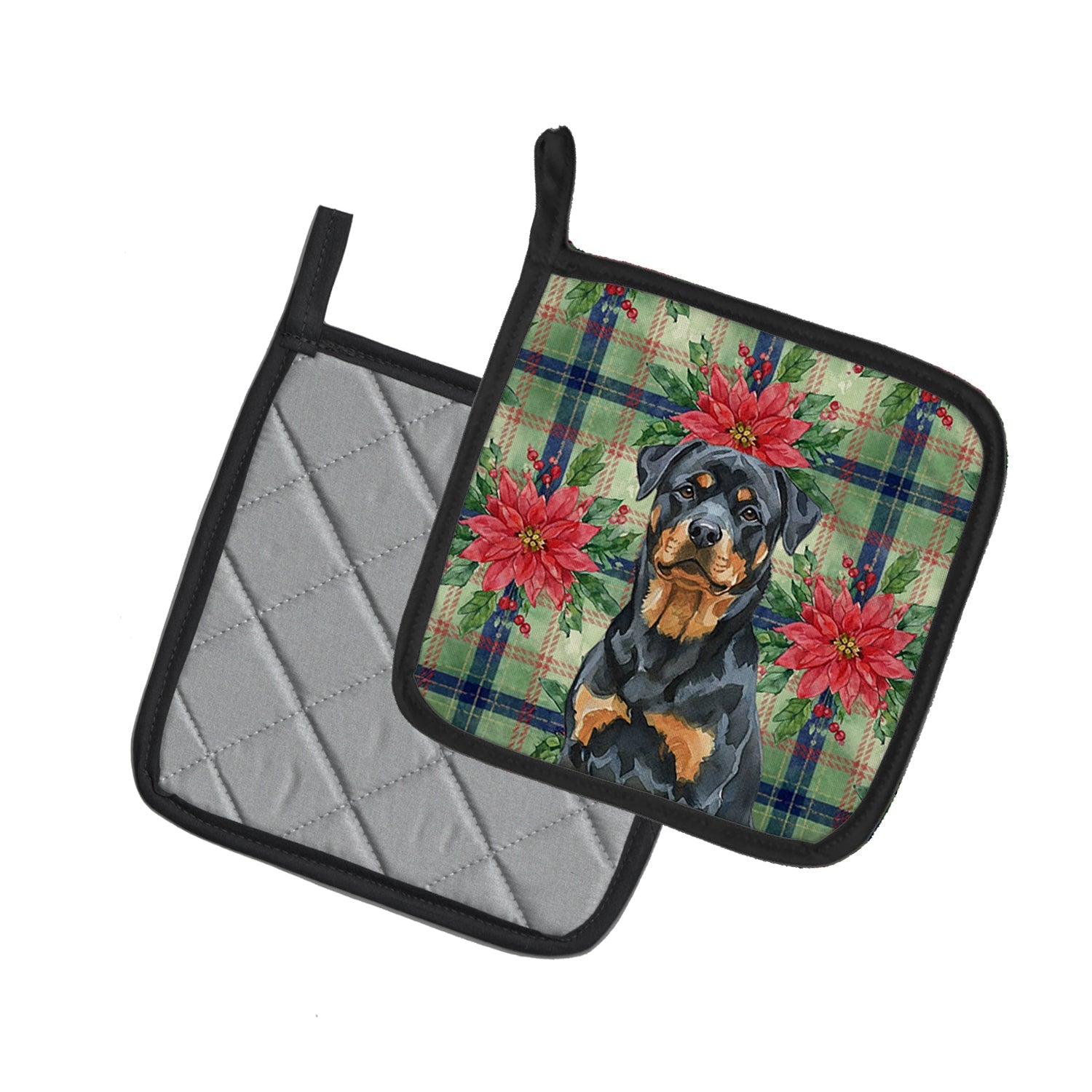 Rottweiler Christmas PoinsettIas Pot Holder Set of 2 Heat Resistant Quilted Hot Pads 7.5 x 7.5 Inch, Insulated Kitchen Trivets for Cooking & Baking