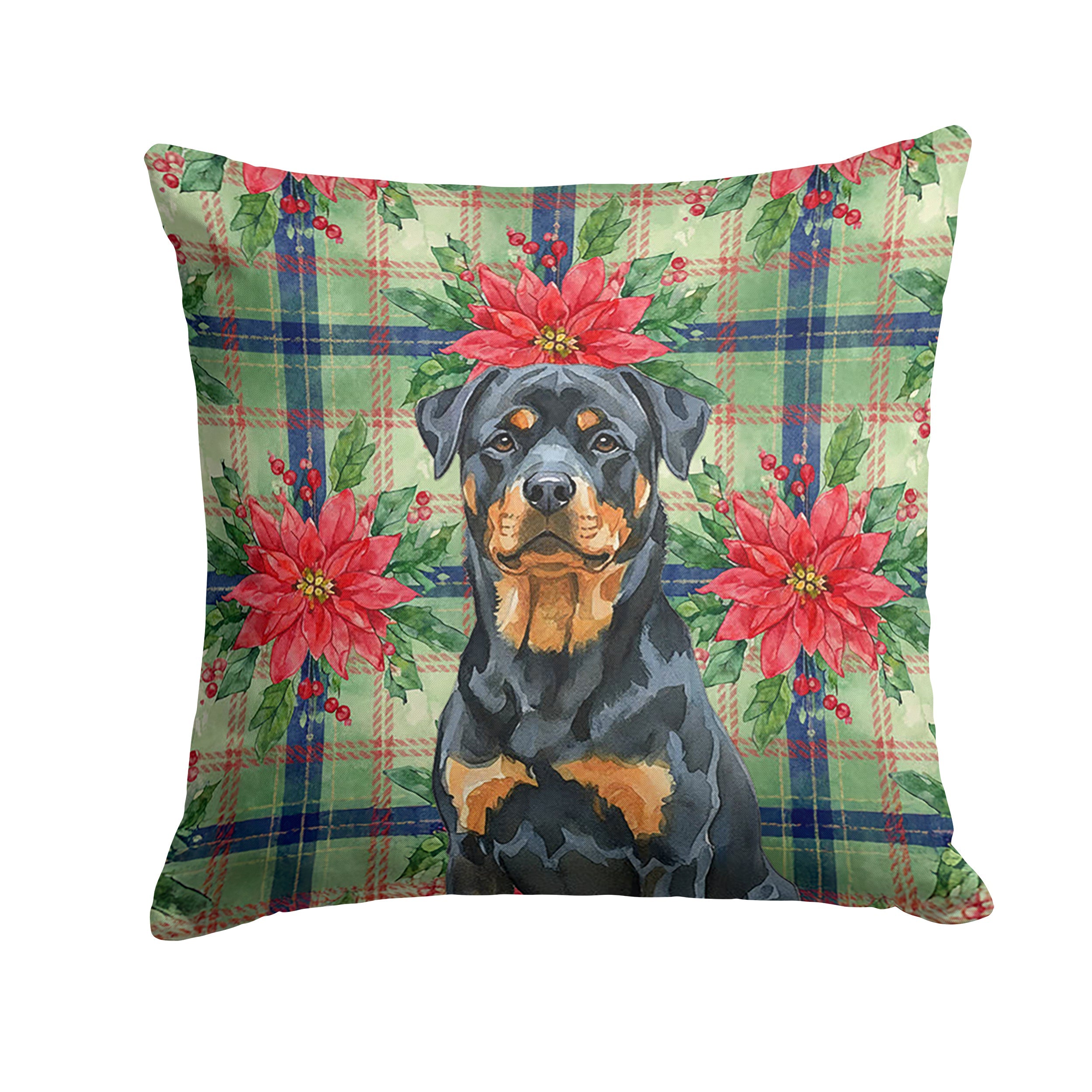 Rottweiler Christmas PoinsettIas Decorative Throw Pillow 18x18 Indoor Outdoor Accent Cushion, Fabric Cover with Insert for Sofa, Bed, Porch & Living Room