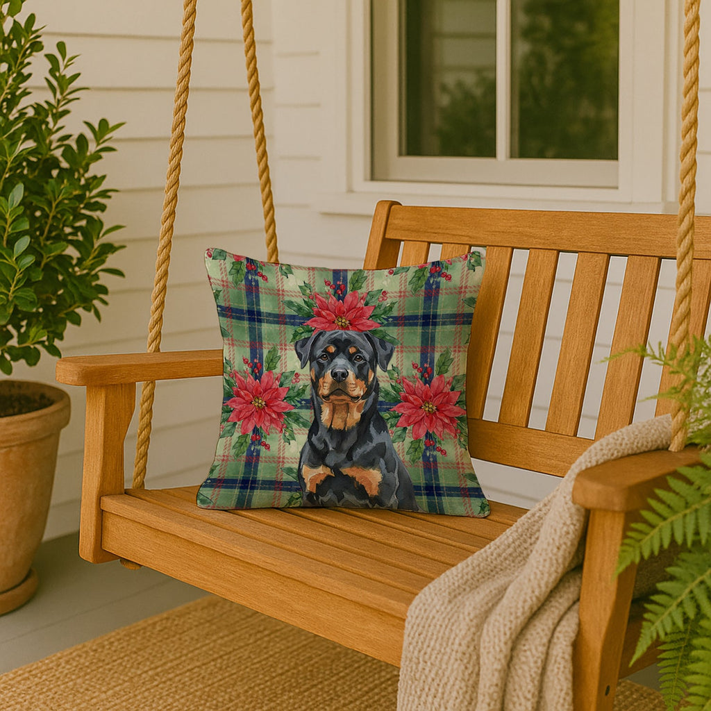 Rottweiler Christmas PoinsettIas Decorative Throw Pillow 18x18 Indoor Outdoor Accent Cushion, Fabric Cover with Insert for Sofa, Bed, Porch & Living Room