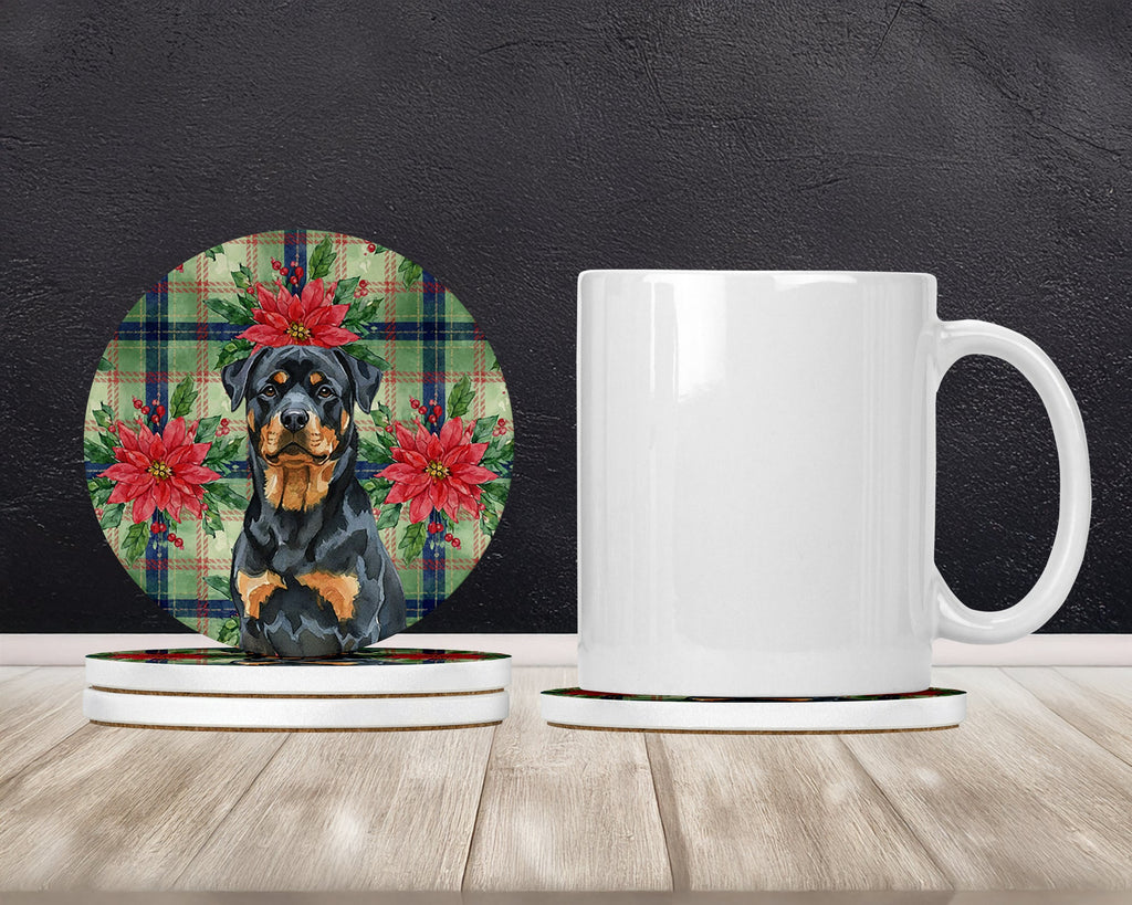 Rottweiler Christmas PoinsettIas Large Sandstone Coasters Pack of 4 Absorbent Round Coasters Decor Gifts for Men or Women, 4 in, Multicolor