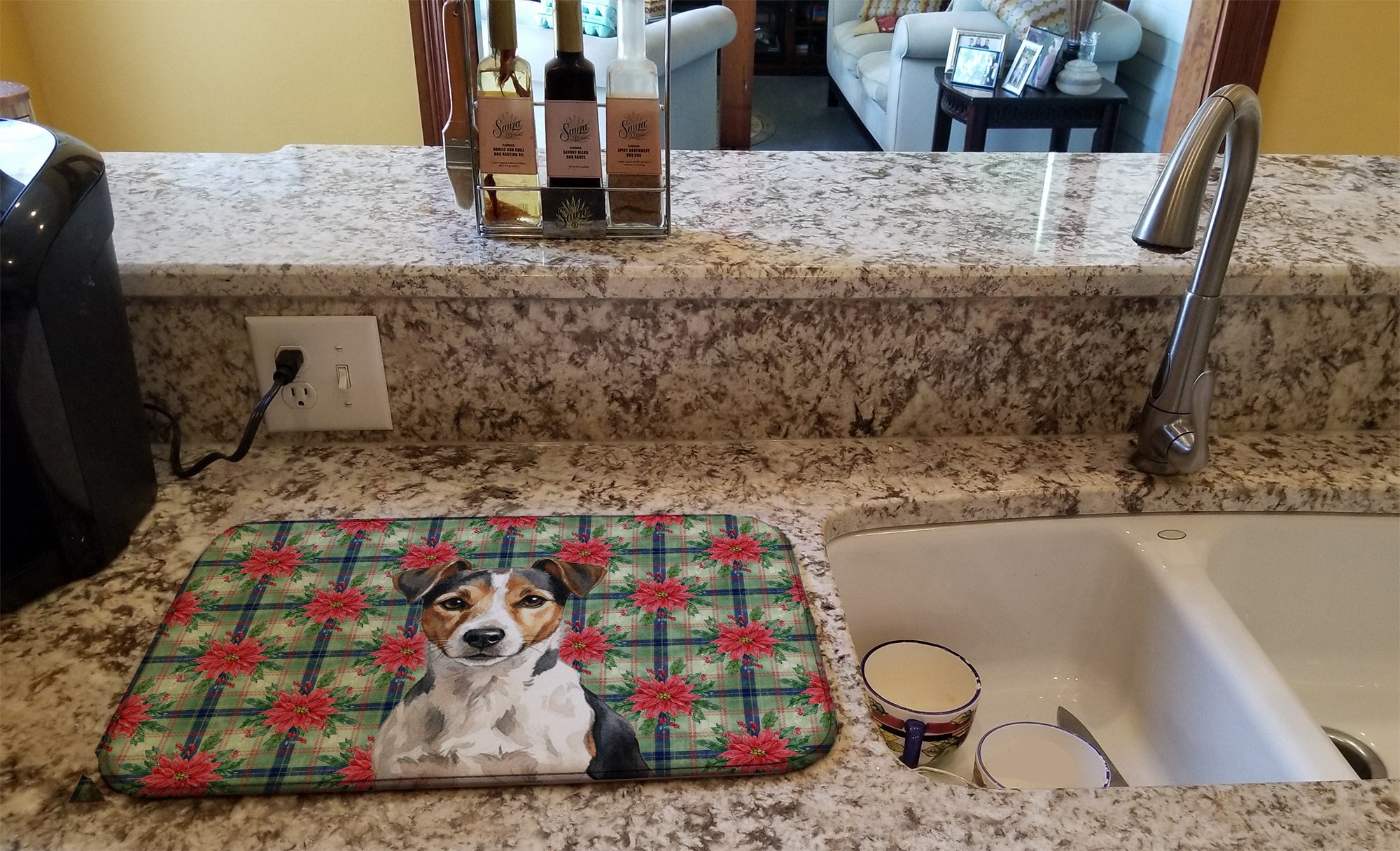 Tricolor Russell Terrier Christmas PoinsettIas Dish Drying Mat Absorbent Dish Drying Mat Pad for Kitchen Counter Dish Drainer Mat for Countertop, 14 x 21", Multicolor