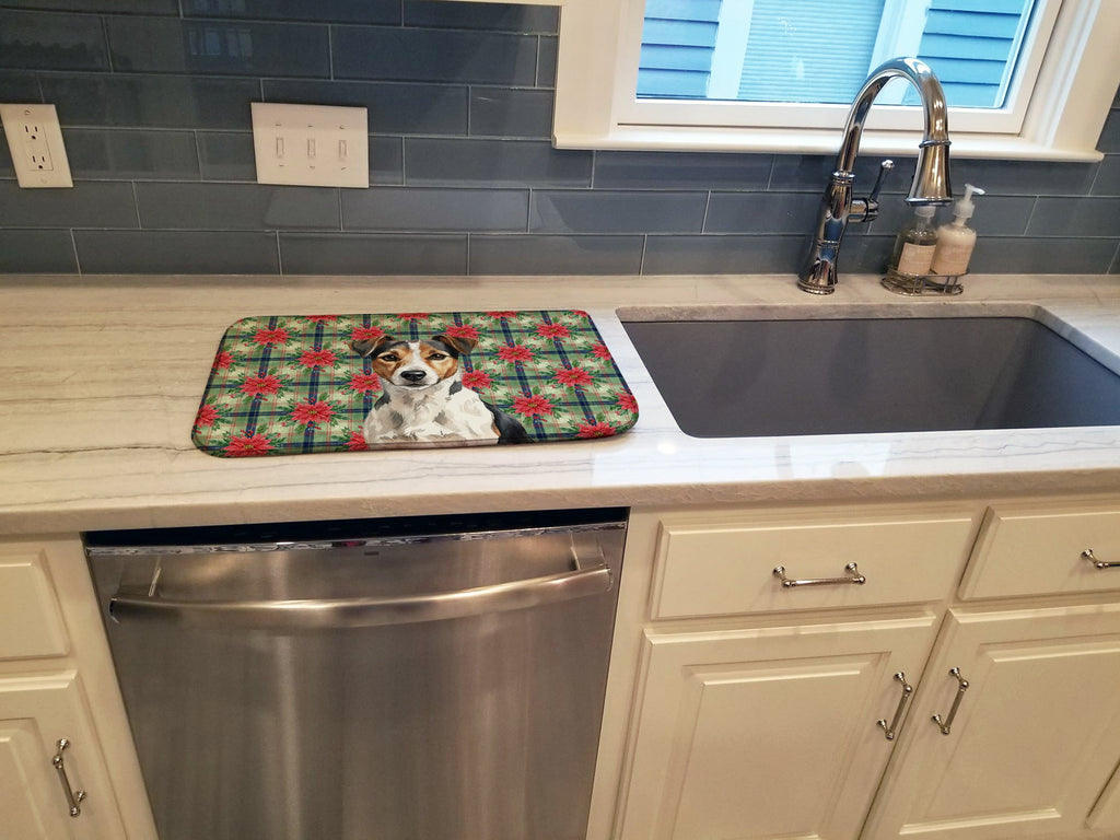 Tricolor Russell Terrier Christmas PoinsettIas Dish Drying Mat Absorbent Dish Drying Mat Pad for Kitchen Counter Dish Drainer Mat for Countertop, 14 x 21", Multicolor