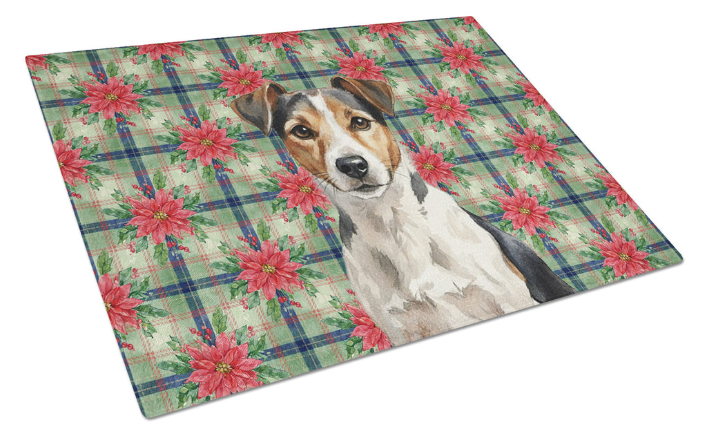 Tricolor Russell Terrier Christmas PoinsettIas Cutting Board Tempered Glass Kitchen Cutting Surface, Heat Resistant Chopping, Non-Slip Feet, Food Prep & Serving