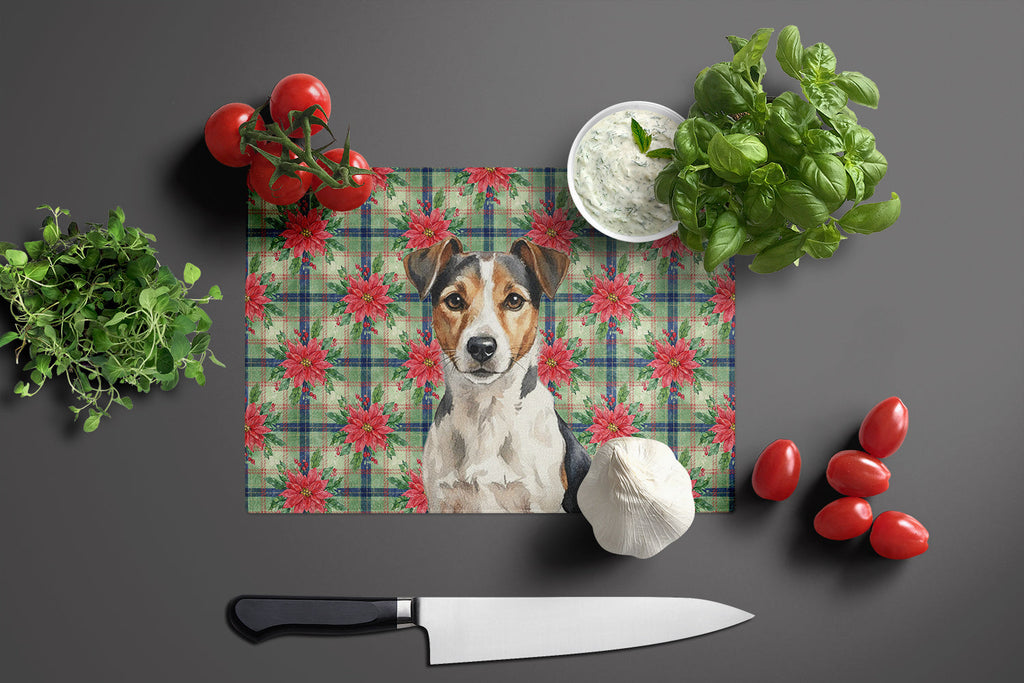 Tricolor Russell Terrier Christmas PoinsettIas Cutting Board Tempered Glass Kitchen Cutting Surface, Heat Resistant Chopping, Non-Slip Feet, Food Prep & Serving