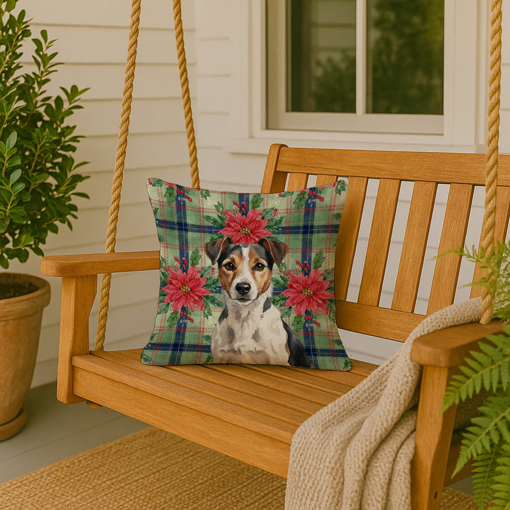 Tricolor Russell Terrier Christmas PoinsettIas Decorative Throw Pillow 18x18 Indoor Outdoor Accent Cushion, Fabric Cover with Insert for Sofa, Bed, Porch & Living Room
