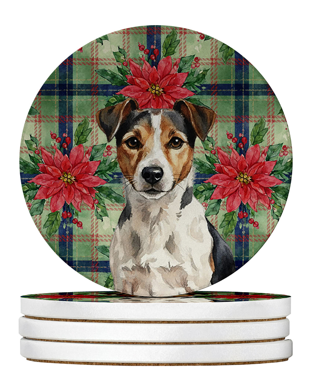 Tricolor Russell Terrier Christmas PoinsettIas Large Sandstone Coasters Pack of 4 Absorbent Round Coasters Decor Gifts for Men or Women, 4 in, Multicolor