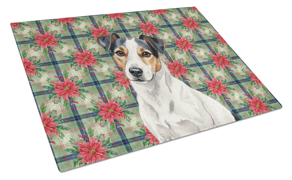 White with Black Markings Russell Terrier Christmas PoinsettIas Cutting Board Tempered Glass Kitchen Cutting Surface, Heat Resistant Chopping, Non-Slip Feet, Food Prep & Serving