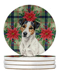 White with Black Markings Russell Terrier Christmas PoinsettIas Large Sandstone Coasters Pack of 4 Absorbent Round Coasters Decor Gifts for Men or Women, 4 in, Multicolor