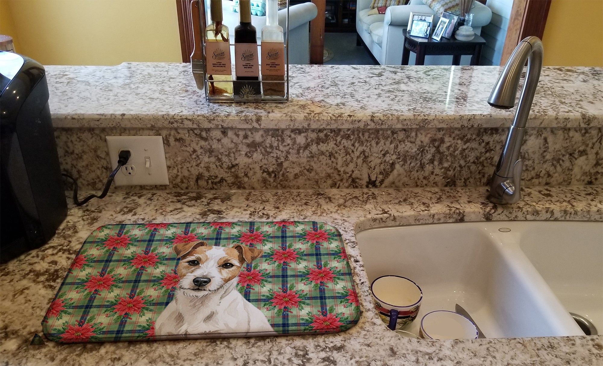 White with Tan Markings Russell Terrier Christmas PoinsettIas Dish Drying Mat Absorbent Dish Drying Mat Pad for Kitchen Counter Dish Drainer Mat for Countertop, 14 x 21", Multicolor