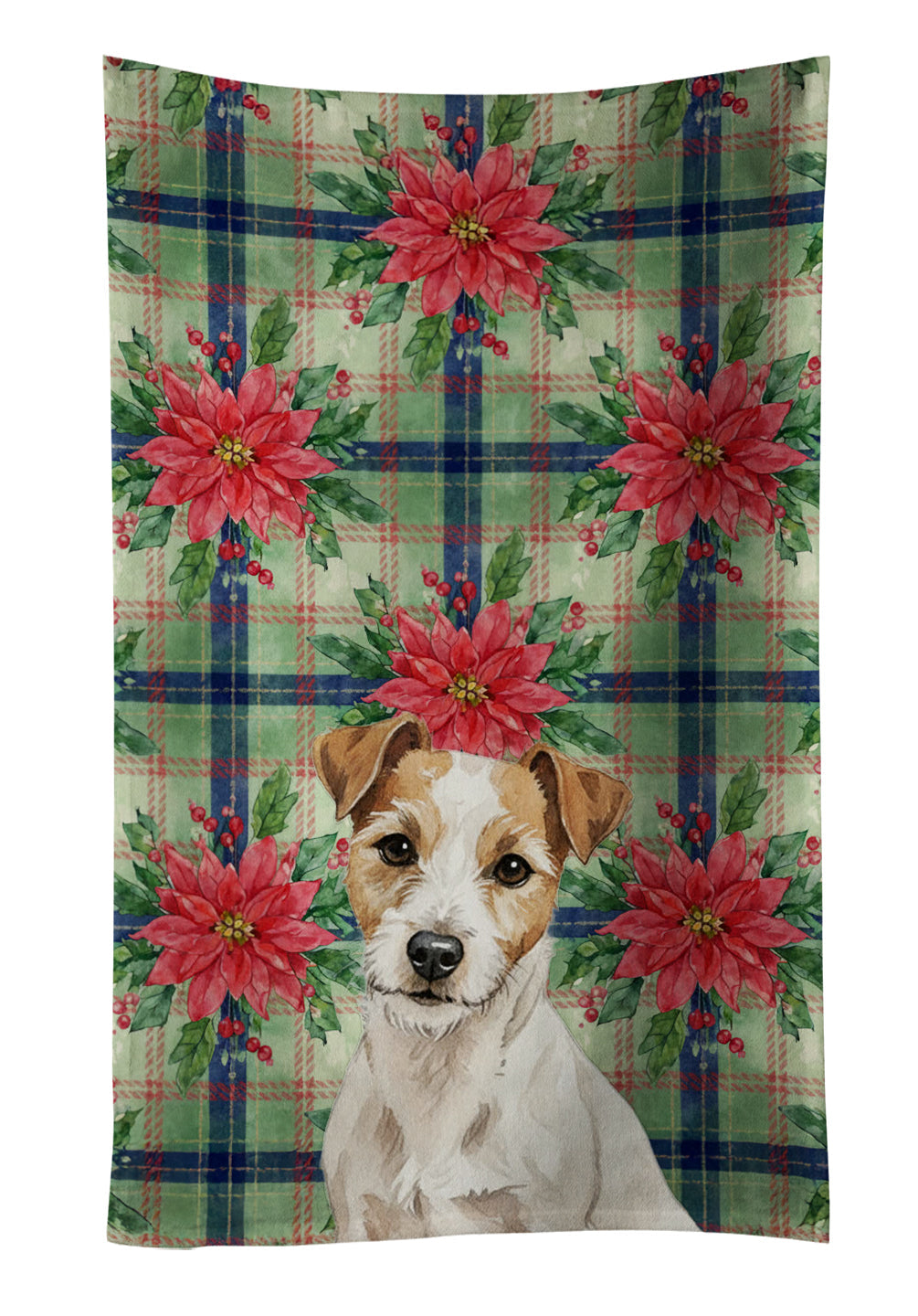 White with Tan Markings Russell Terrier Christmas PoinsettIas Kitchen Towel Velour Plush Front and Cotton Loop Back Machine Washable