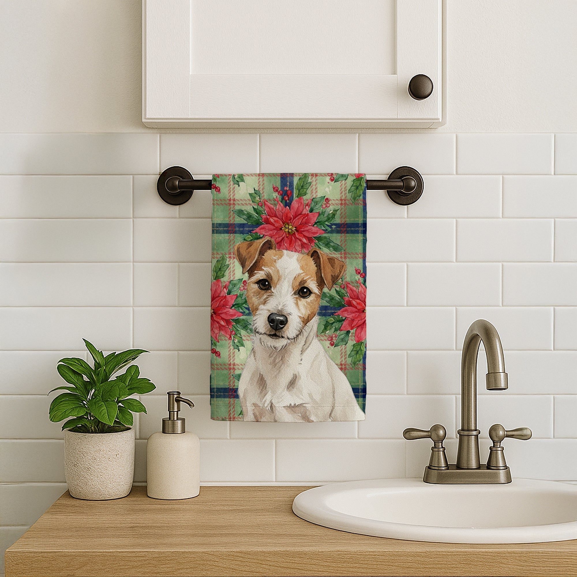 White with Tan Markings Russell Terrier Christmas PoinsettIas Kitchen Towel Velour Plush Front and Cotton Loop Back Machine Washable