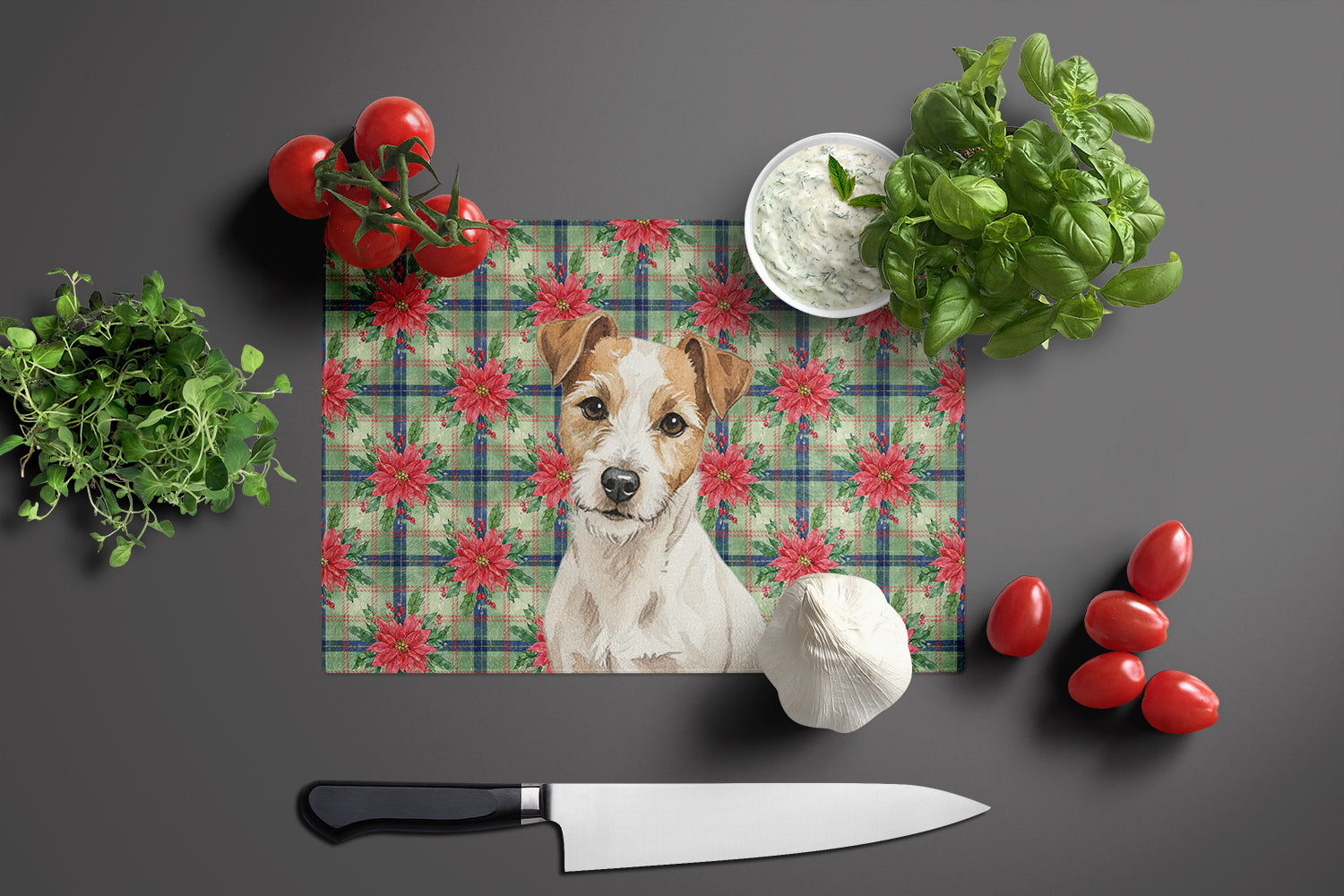 White with Tan Markings Russell Terrier Christmas PoinsettIas Cutting Board Tempered Glass Kitchen Cutting Surface, Heat Resistant Chopping, Non-Slip Feet, Food Prep & Serving