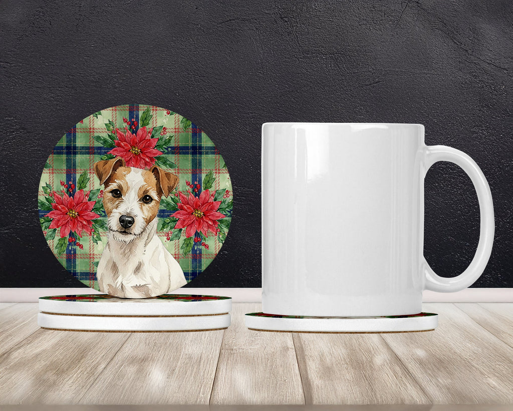 White with Tan Markings Russell Terrier Christmas PoinsettIas Large Sandstone Coasters Pack of 4 Absorbent Round Coasters Decor Gifts for Men or Women, 4 in, Multicolor